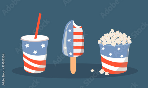 vector illustration in a flat style on the theme of us independence day. a set of items (popcorn, popsicle, drink) in the colors of the american flag