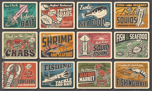 Seafood and fishing vector retro banners. Underwater animals puffer fish, squid and crab with shrimps and cuttlefish, exotic restaurant or fish market production, open ocean fishing vintage cards set