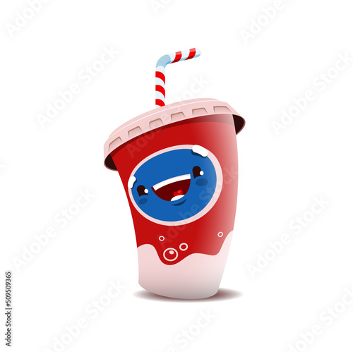 Soda cup cartoon character, funny vector carbonated drink mug with kawaii smiling face. Paper disposable mug with striped straw and plastic lid. Isolated take away beverage personage for kids menu