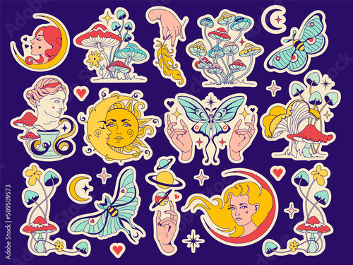 Vintage Celestial magic set of stickers. Isolated badges: crescent moon, sun, boho moth, mushrooms, butterfly. Mysterious alchemy isolated witchcraft. Graphic prints for tee, t shirt.