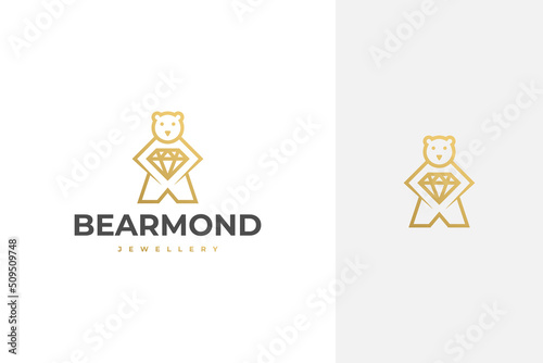 simple minimal luxury elegant bear holding a diamond, jewellery vector logo design in outline, line art style