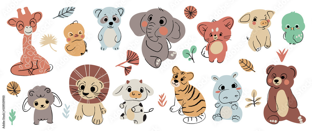 Set of cute animal vector. Friendly baby wild life with lion, elephant,  pig, cow, giraffe, tiger in doodle pattern. Adorable funny animal and many  characters hand drawn collection on white background. Stock