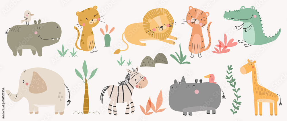 Set of cute animal vector. Friendly wild life with tiger, hippo, zebra, elephant, crocodile in doodle pattern. Adorable funny animal and many characters hand drawn collection on white background. - obrazy, fototapety, plakaty 