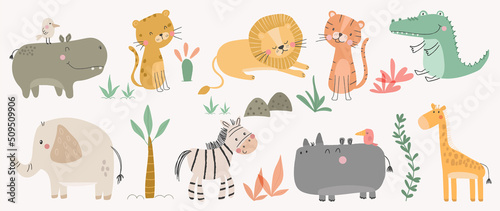 Set of cute animal vector. Friendly wild life with tiger, hippo, zebra, elephant, crocodile in doodle pattern. Adorable funny animal and many characters hand drawn collection on white background.