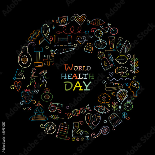 World health day. Concept art with healty lifestyle for your design
