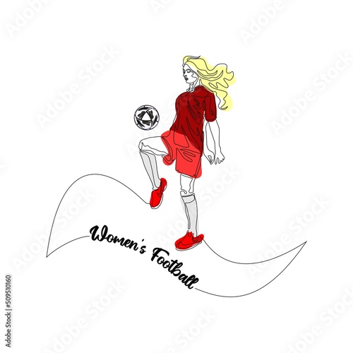 Continuous line drawing or single line drawing of a woman playing football or soccer and kicking the ball. Line art. Vector isolated on white background