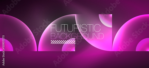 Shiny neon geometric abstract background. Glowing lights on round shapes, triangles and circles. Wallpaper for concept of AI technology, blockchain, communication, 5G, science, business