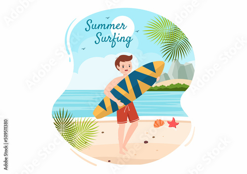 Summer Surfing of Water Sport Activities Cartoon Illustration with Riding Ocean Wave on Surfboards or Floating on Paddle Board in Flat Style