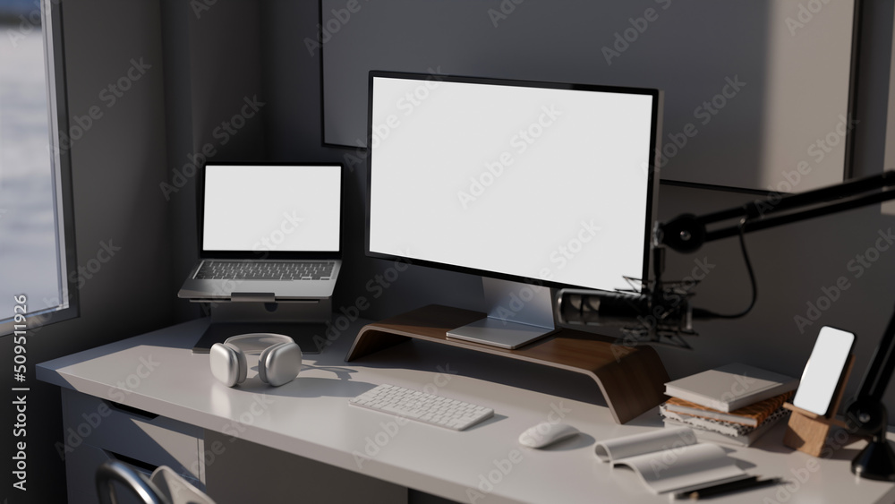 Fototapeta premium Modern online radio station, streaming and broadcast office studio with pc computer and micronphone