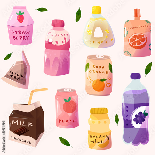 Cute delicious drinks with various fruit flavors.