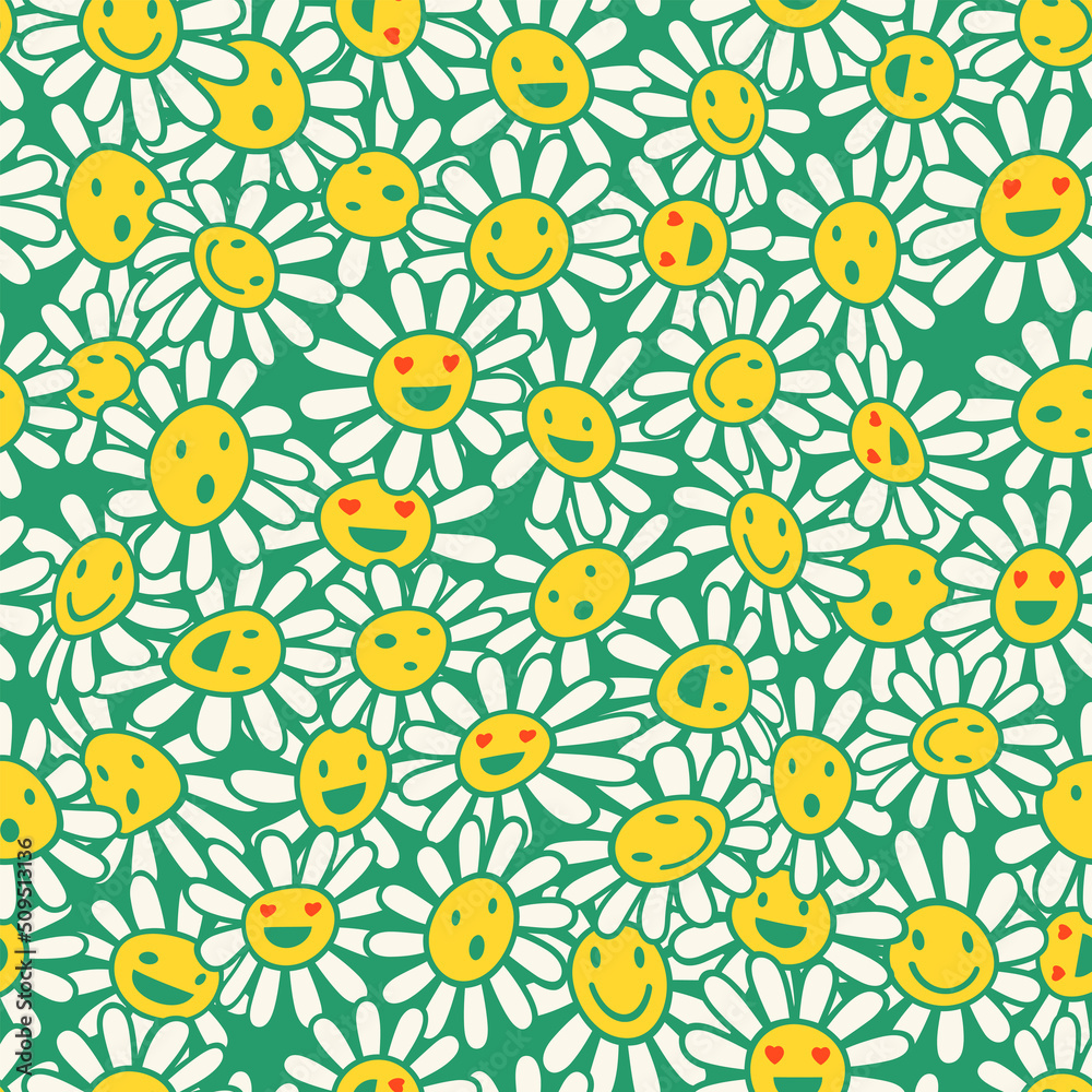 Hippie vector seamless pattern. Old school psychedelic background with smile faces in chamomile flowers. Nostalgia retro 70s groovy print. Colorful textile and surface design