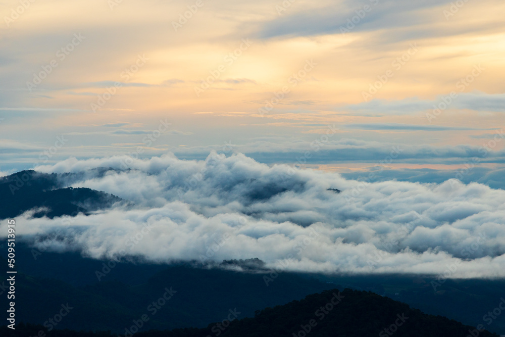 Top view Landscape of Morning Mist with Mountain Layer at north of Thailand Top view Landscape of Morning Mist with Mountain Layer at north of Thailand