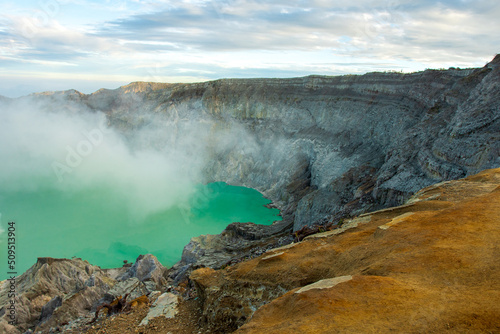Lake and Sulfur Mine at Khawa Ijen Volcano Crater, Java Island, Indonesia