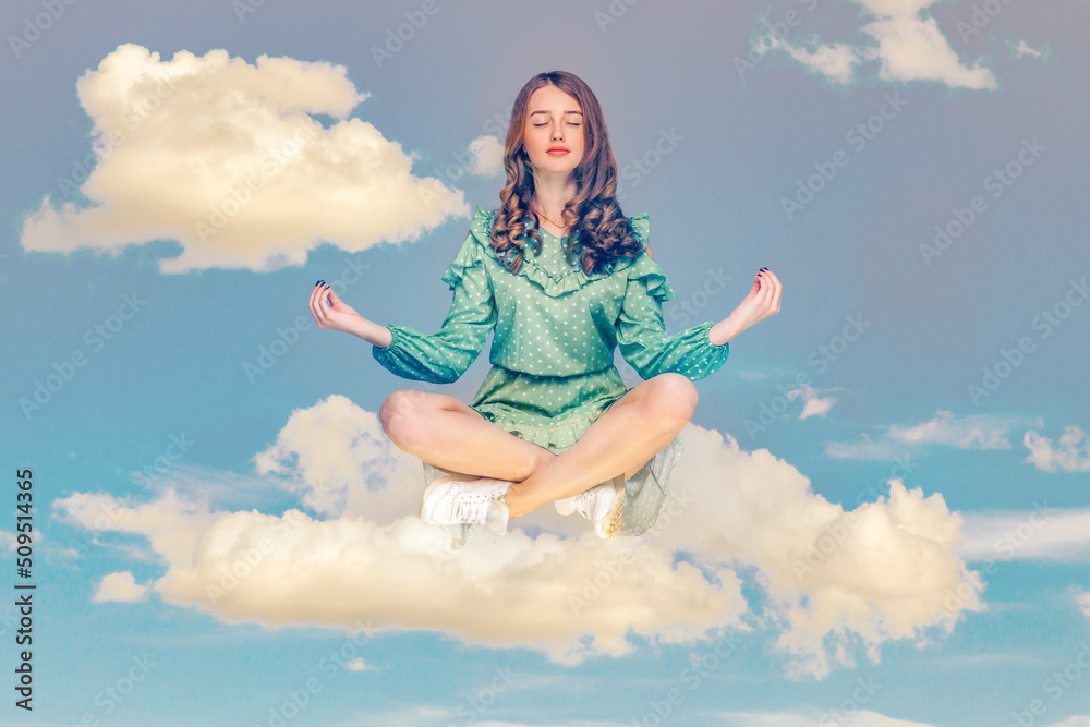Hovering in air. Calm peaceful relaxed girl ruffle dress levitating with mudra gesture hands up, closed eyes, meditating sitting in yoga position in the sky. collage composition on day cloudy blue sky Hovering in air. Calm peaceful relaxed girl ruffle dress levitating with mudra gesture hands up, closed eyes, meditating sitting in yoga position in the sky. collage composition on day cloudy blue sky