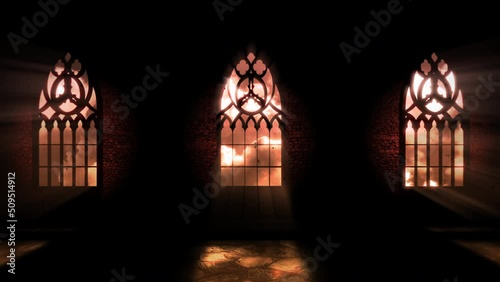 Dark hall of old castle and red moon light, motion horror, mystical and Halloween style background
