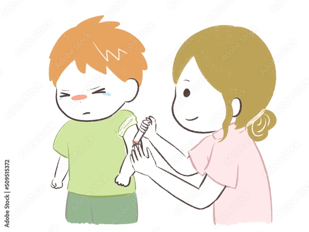 我慢して採血の注射をするこどもとナースのお姉さん 我慢して採血の注射をするこどもとナースのお姉さん