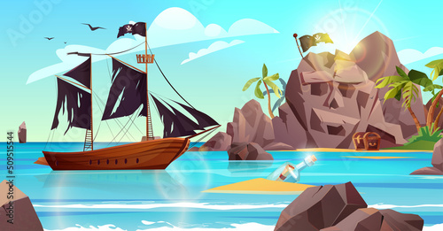 Rocky island with pirate ship, flag and palm trees in the ocean. Bottle with paper message in it. Cartoon vector illustration