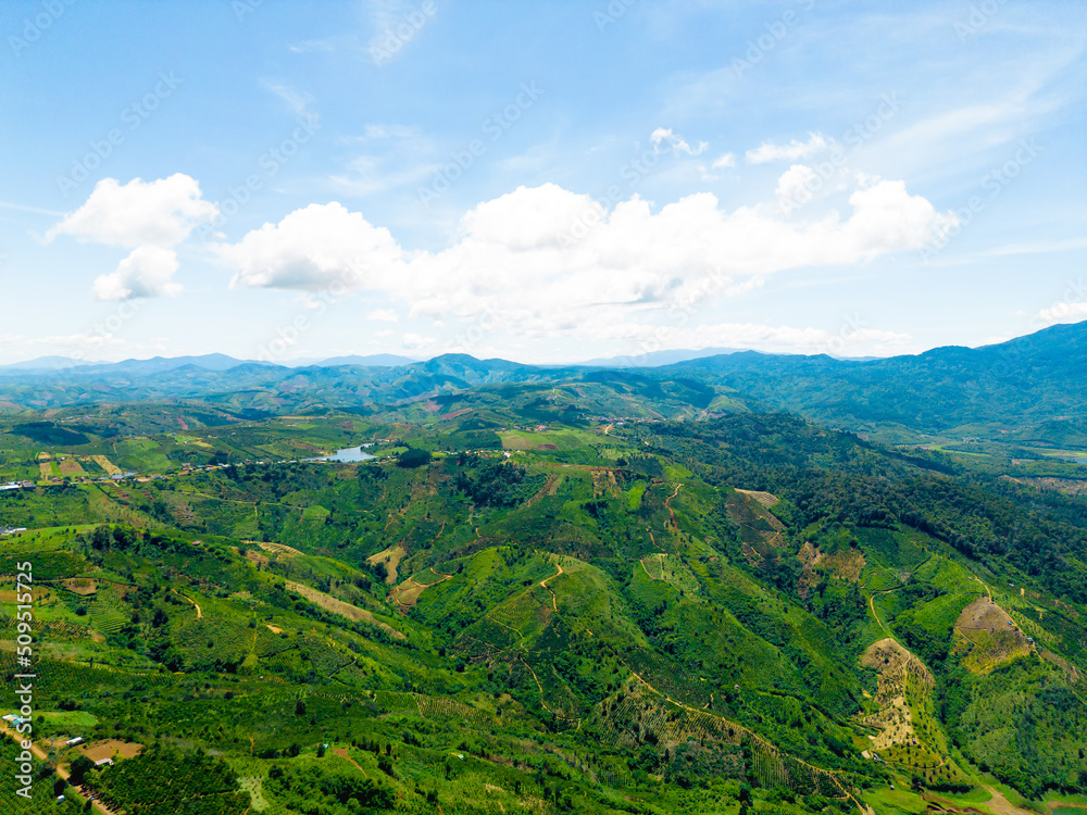 Morning at the Ta Dung lake or Dong Nai 3 lake with green hills and mountains. Travel and landscape concept. Travel concept.