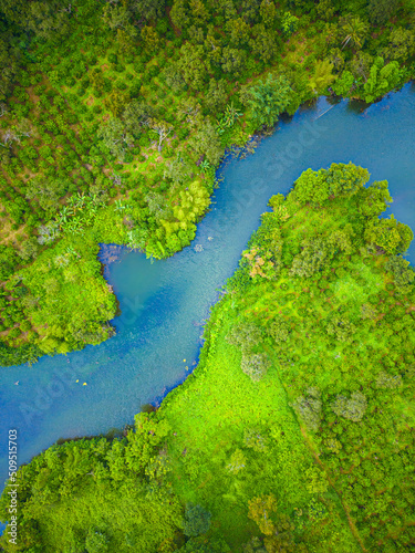 Aerial landscape of winding clear blue river in green field, top view of beautiful nature background from drone, seasonal summer landscape with copy space © CravenA