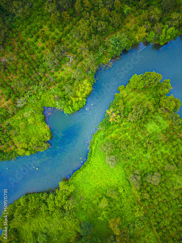 Aerial landscape of winding clear blue river in green field, top view of beautiful nature background from drone, seasonal summer landscape with copy space