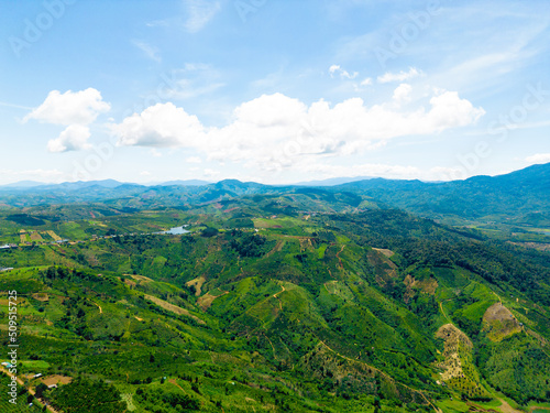 Morning at the Ta Dung lake or Dong Nai 3 lake with green hills and mountains. Travel and landscape concept. Travel concept.