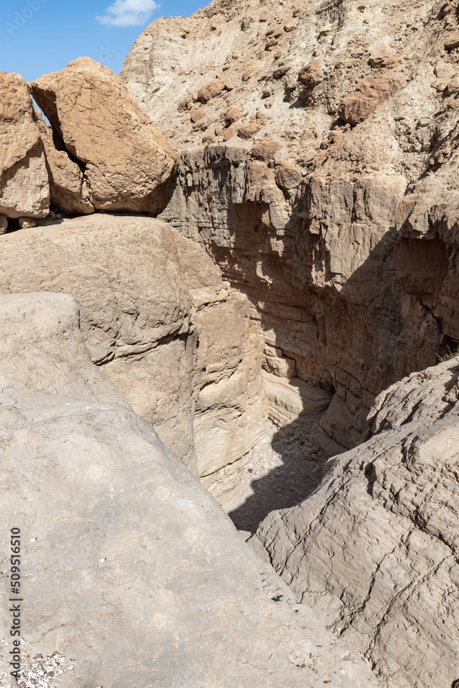 Stone  desert near the Khatsatson stream, on the Israeli side of the Dead Sea, near Jerusalem in Israel
