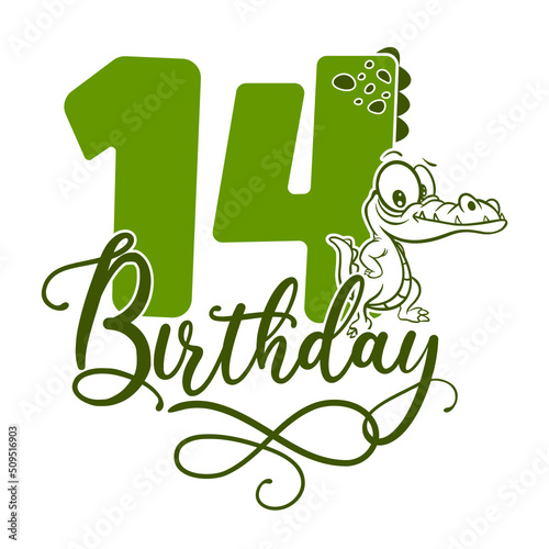 14, Number fourteen with crocodile cartoon character, Birthday Anniversary