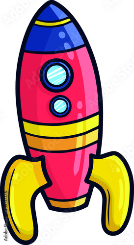Funny red yellow rocket ship cartoon illustration