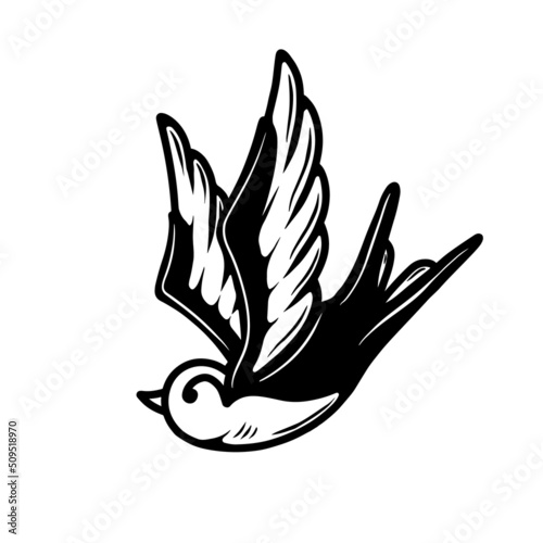 Illustration of swallow in tattoo style. Design element for emblem, sign, poster, t shirt. Vector illustration