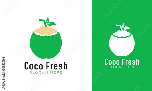 Fresh coconut drink logo with leaf icon