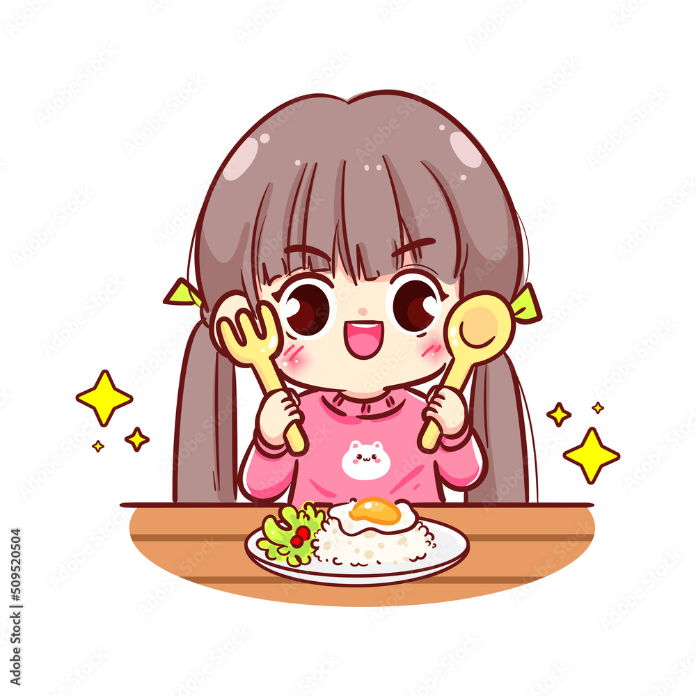 Happy cute kid girl kawaii children breakfast eating hand drawn cartoon character illustration Happy cute kid girl kawaii children breakfast eating hand drawn cartoon character illustration