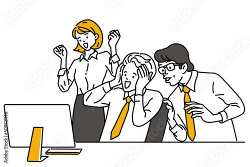 Cute character vector of male and female colleagues in office, feel shocked and excited with unexpected notice on computer screen. Outline, linear, thin line art, hand drawn sketch design. 