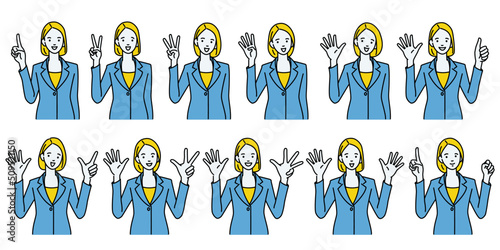 Cute character illustration of pretty business woman raising hand showing fingers count number one, two, three, four, five, six, seven, eight, nine, ten and one to zero. Outline, linear style.
