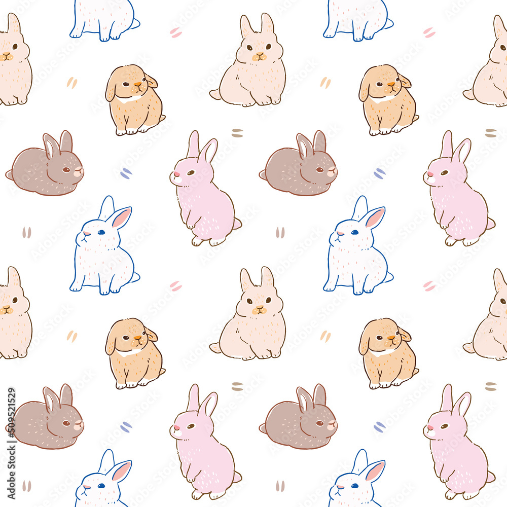 Seamless Pattern with Hand Drawn Rabbit Design on White Background