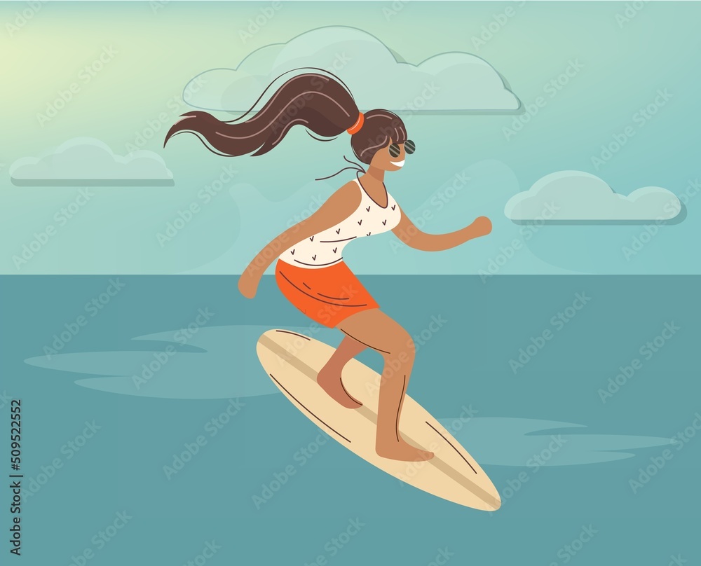 Girl surfer on the sea is surfing. Surfing woman in the sea ocean. A surfer in a swimsuit stands on a surfboard, on the beach and in a summer atmosphere. Tropical, sports, recreation, holidays. Vector