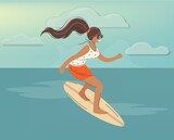 Girl surfer on the sea is surfing. Surfing woman in the sea ocean. A surfer in a swimsuit stands on a surfboard, on the beach and in a summer atmosphere. Tropical, sports, recreation, holidays. Vector