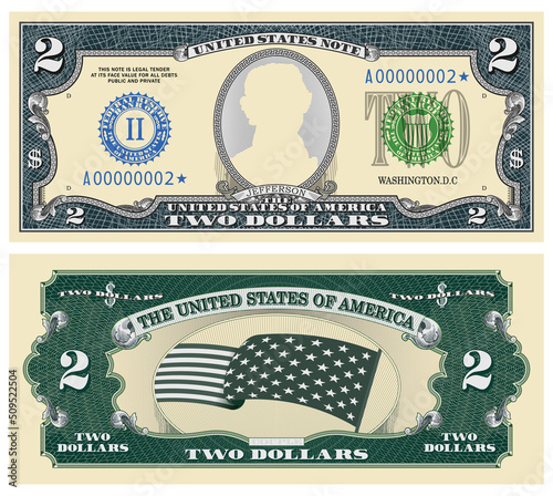 Fictional template obverse and reverse of US paper money. Two dollars banknote. Empty oval and guilloche frames. Jefferson
