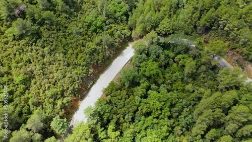 Aerial view above a asphalt route in the mountains of Setubal, Portugal - high angle, pan, drone shot photo