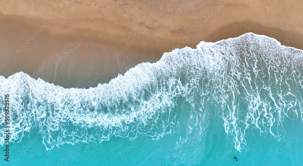 Aerial view Top view of Beach sand copy space Beautiful sea waves in Summer tropical background - obrazy, fototapety, plakaty 