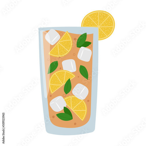 Iced tea with lemon, mint leaves and ice cubes in a glass. Refreshing summer drink. Isolated vector illustration. 