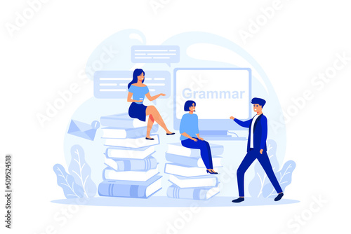 English class concept. Study foreign languages in school or university. Idea of global communication. Studying foreign vocabulary. Flat vector illustration