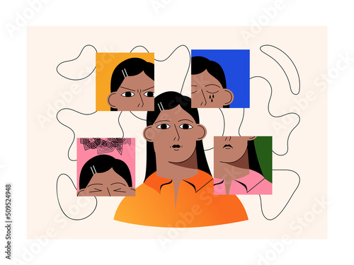 Bipolar disorder in women with different emotional masks. Anxiety disorder concept. The girl feels anger, anxiety, sadness, mental chaos. The woman suffers from experiences emotional instability.