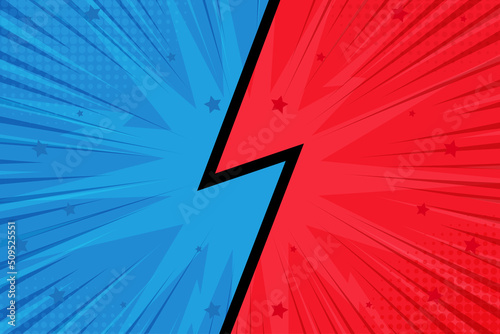 Vector versus letters fight red and blue background in comics style.