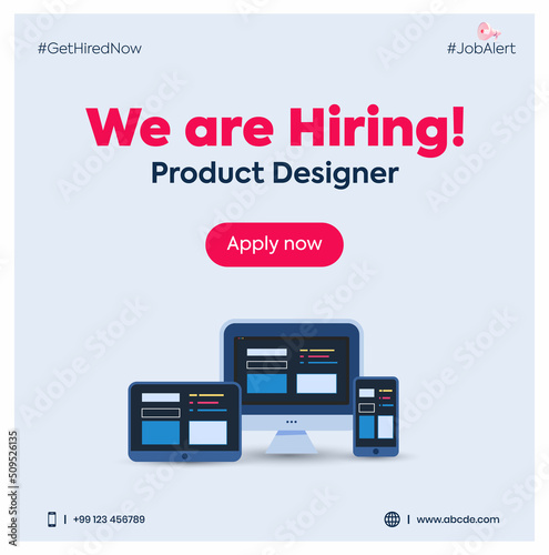 We are hiring. We are hiring product designer. Product Designer hiring announcement banner with computer system. User interface designer jobs