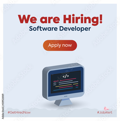 We are hiring. We are hiring software developer. Software developer hiring announcement banner. programmer, coder job vacancy. programmer recruitment