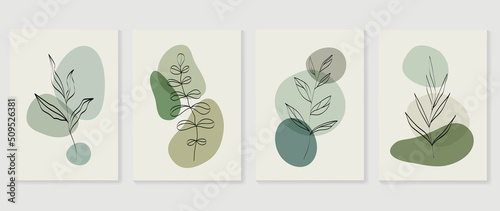 Set of abstract foliage wall art vector. Leaves, organic shapes, earth tone colors, leaf branch in line art style. Line wall decoration collection design for interior, poster, cover, banner.