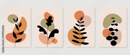 Set of abstract foliage wall art vector. Leaves, organic shapes, earth tone colors, leaf branch in line art style. Line wall decoration collection design for interior, poster, cover, banner.