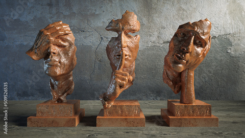 Sculptures of three human faces, masks, I do not see, do not hear, do not speak, symbolism and metaphor of silence, 3d rendering, 3d illustration photo