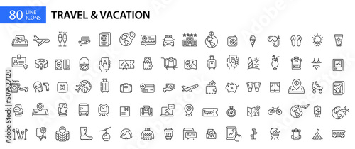 Big set of travel and vacation related icons. Plane trip, beach holiday, camping and others. Pixel perfect, editable stroke line art