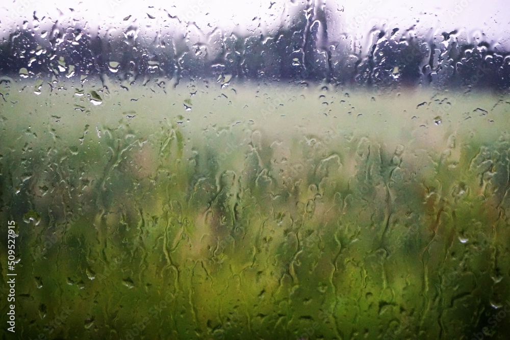 Obraz premium Grüne Landschaft mit Wiese, Feld, Bäumen und Himmel hinter Glasscheibe mit Regentropfen bei Wind und Regen im Frühling 
